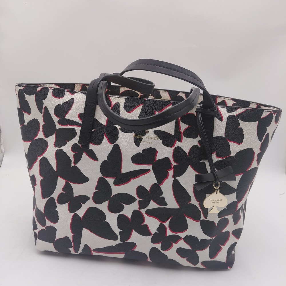Kate Spade New York Butterfly AOP Tote Bag Purse Black Pink Heart Charm READ